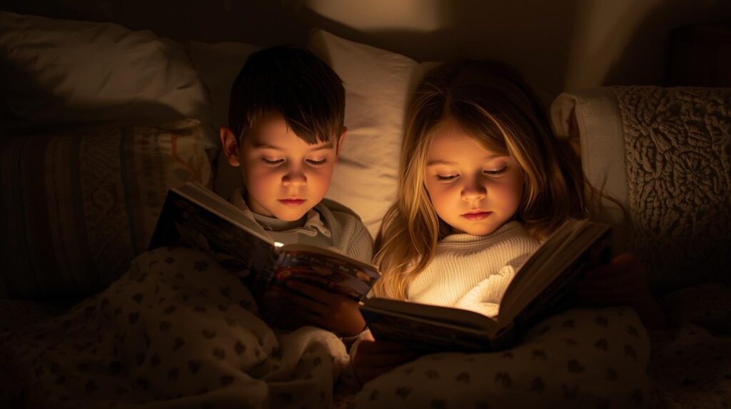 child reading with soft lighting before sleep
