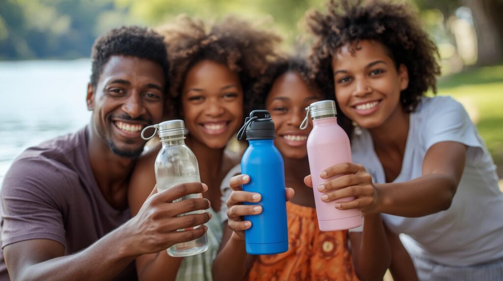family staying hydrated outdoors with water bottles