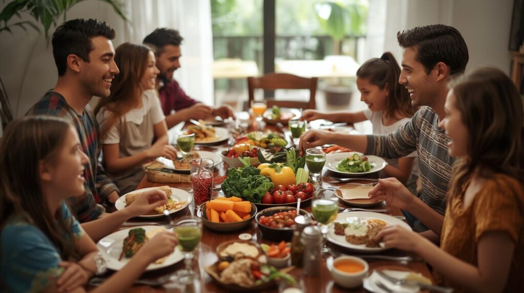 family eating healthy vegetables and fruits together